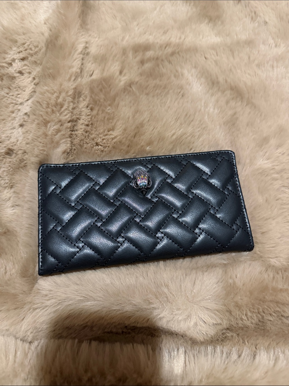 Kurt Geiger Black Quilted Leather Long Wallet with Jewel Accent